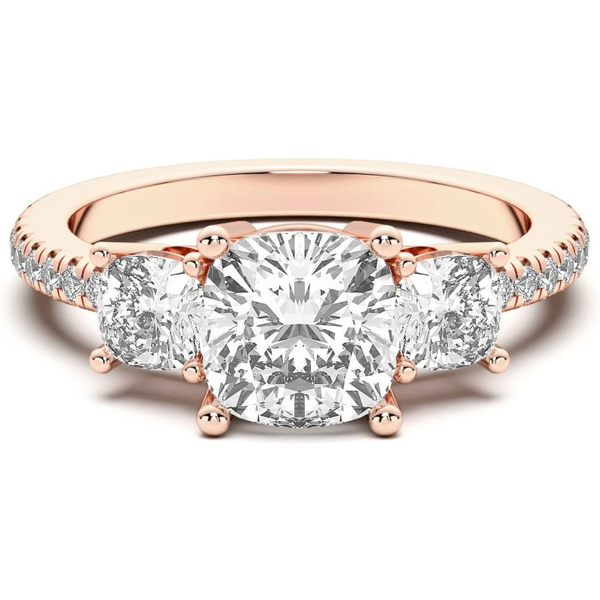 Trójkamieniowy Poduszkowy Pierścionek Zaręczynowy 3.00 ct Accented Naturalny Diament 585 Różowe Złoto (14K)