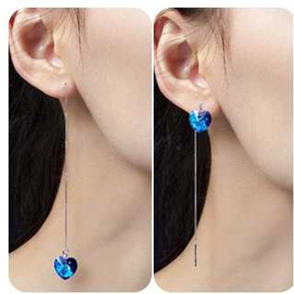 Ocean-Blue Swarovski Crystal Heart Drop Earrings, Rhodium-Plated, Adjustable Length, Gift-Boxed | Wowcher