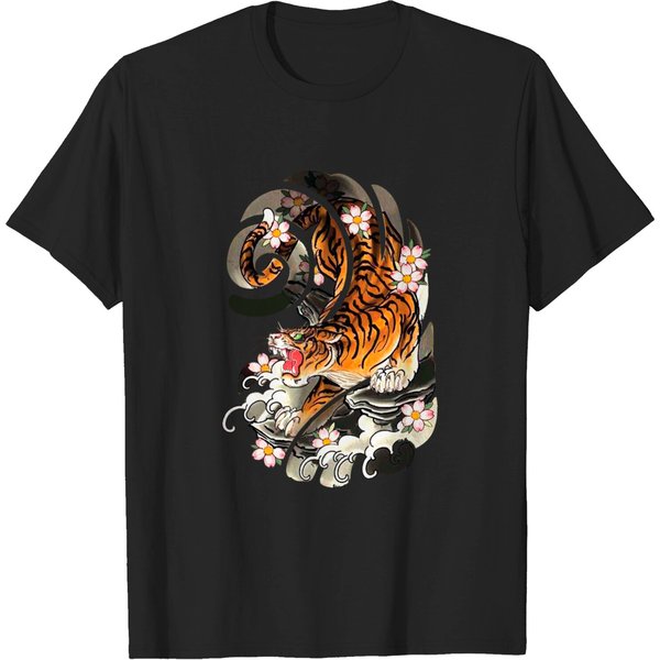 Vintage Japanese Tiger Traditional Asian Cherry Blossom Art T-Shirt-image