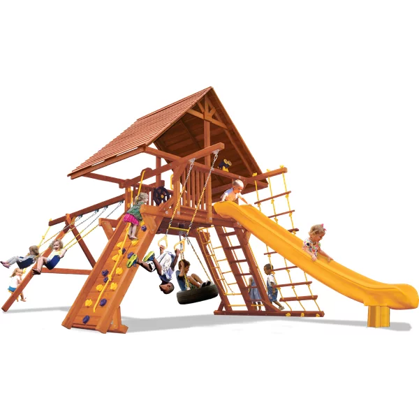 Supreme Playcenter Combo 2 with Wood Roof - Solid Green w/Yellow Slide