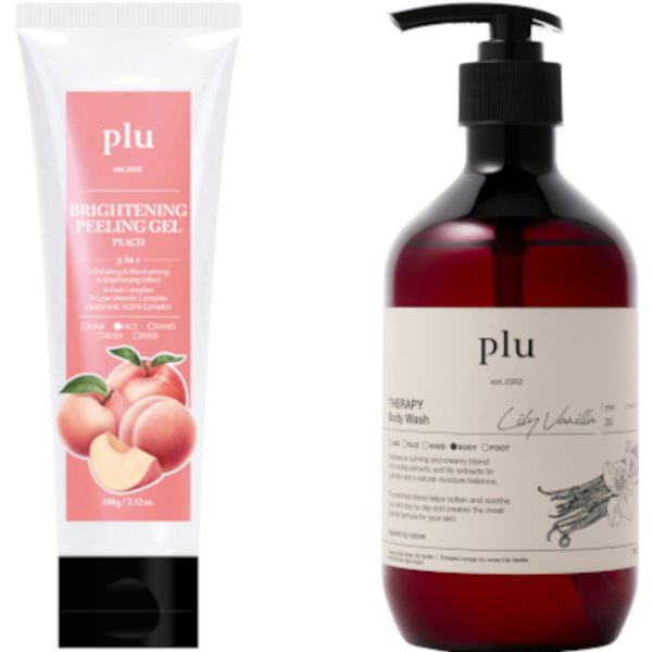 plu - Brightening Peeling Gel Peach - 100g (1ea) & Therapy Body Wash - 500g - Lily Vanilla (1ea) Set