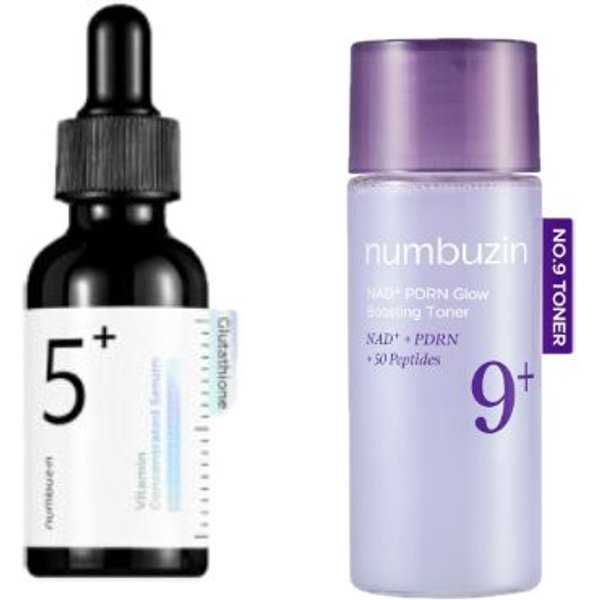 numbuzin - No.5+ Glutathione Vitamin Concentrated Serum - 30ml (1ea) & No.9 NAD+ PDRN Glow Boosting Toner - 30ml (1ea) Set