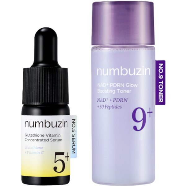 numbuzin - No.5+ Glutathione Vitamin Concentrated Serum - 10ml (1ea) & No.9 NAD+ PDRN Glow Boosting Toner - 30ml (1ea) Set