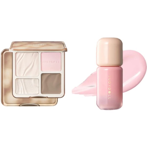 Judydoll - 2 In 1 Highlighter Contour Palette - 9g - #04 Blush Shadow Palette (1ea) & Liquid Blush Serum - 5g - 02 Pink Milk...