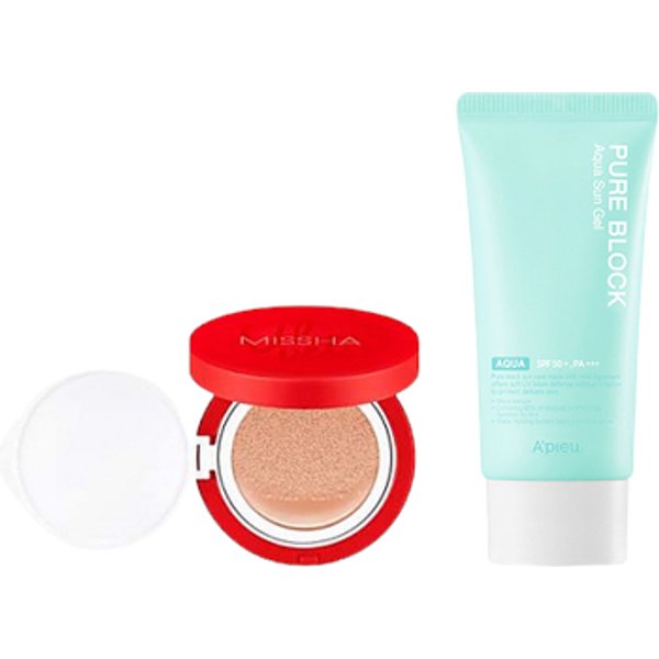 A'PIEU - Pure Block Aqua Sun Gel SPF50+ PA+++ X MISSHA - Velvet Finish Cushion SPF50+ PA+++ - 15g - 21