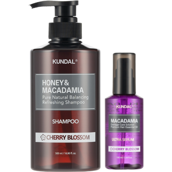 KUNDAL - Honey & Macadamia Nature Shampoo - 500ml + Hair Serum - 100ml Set - Cherry Blossom