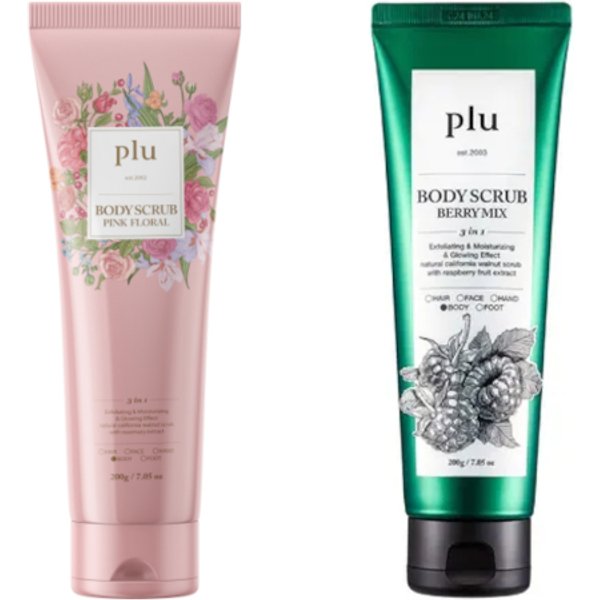 plu - Body Scrub Pink Floral - 200g (1ea) & Body Scrub - 200g - Berry Mix (1ea) Set