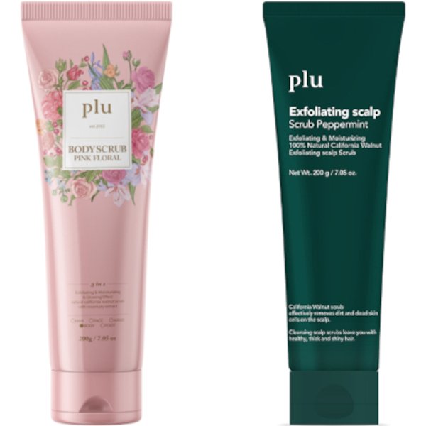 plu - Body Scrub Pink Floral - 200g (1ea) & Exfoliating Scalp Scrub Peppermint - 200g (1ea) Set