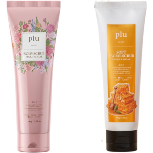 plu - Body Scrub Pink Floral - 200g (1ea) & Soft Facial Scrub Honey & Sugar - 100g (1ea) Set