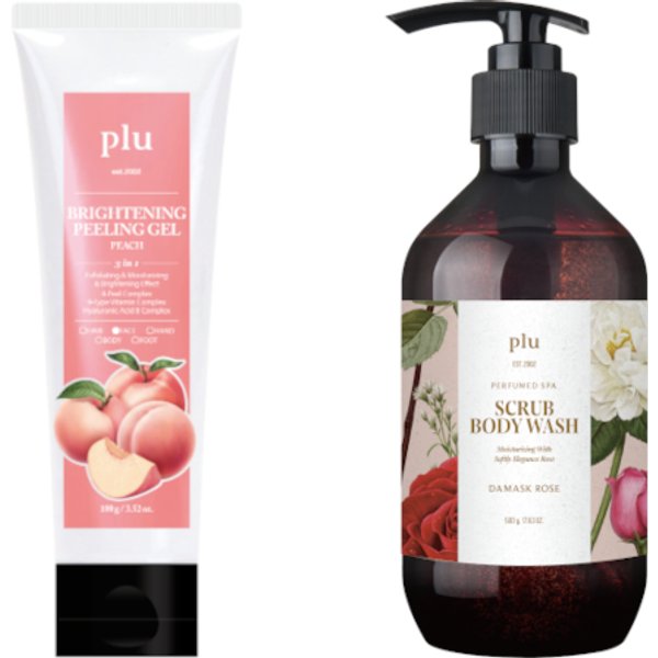 plu - Brightening Peeling Gel Peach - 100g (1ea) & Perfumed Spa Scrub Body Wash - 500g - Damask Rose (1ea) Set