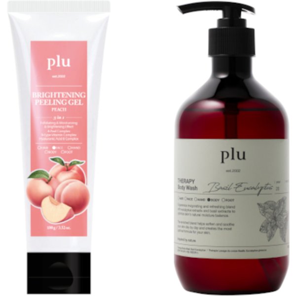 plu - Brightening Peeling Gel Peach - 100g (1ea) & Therapy Body Wash - 500g - Basil Eucalyptus (1ea) Set
