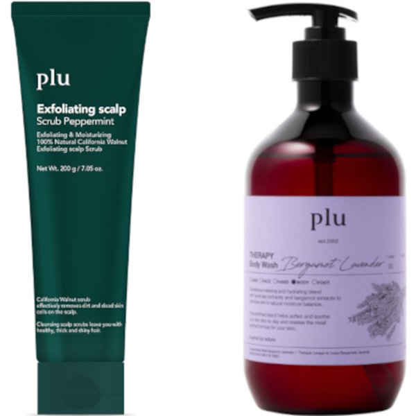 plu - Exfoliating Scalp Scrub Peppermint - 200g (1ea) & Therapy Body Wash - 500g - Bergamot Lavender (1ea) Set