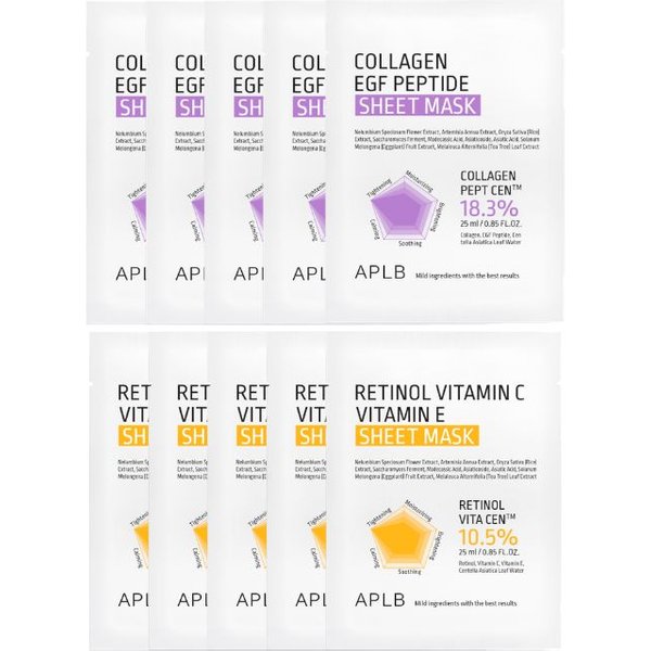 APLB - Collagen EGF Peptide Sheet Mask (5pcs) X Retinol Vitamin C Vitamin E Sheet Mask (5pcs)