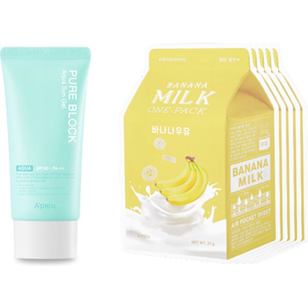 A'PIEU - Milk One Pack Sheet Mask - Banana - 5pcs + Pure Block Aqua Sun Gel SPF50+ PA+++ (1ea) Set