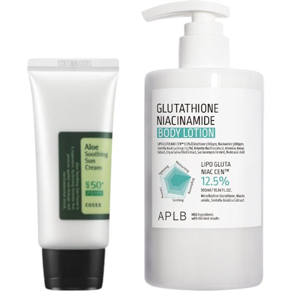 COSRX - Aloe Soothing Sun Cream SPF50+ PA+++ - 50ml + APLB - Glutathione Niacinamide Body Lotion - 300ml Set