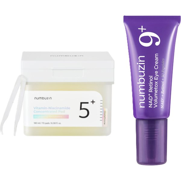 numbuzin - No.5+ Glutathione Vitamin Concentrated Toner Pad - 180ml/70pads (1ea) & No.9 NAD+ Retinol Volumetox Eye Cream - 5ml