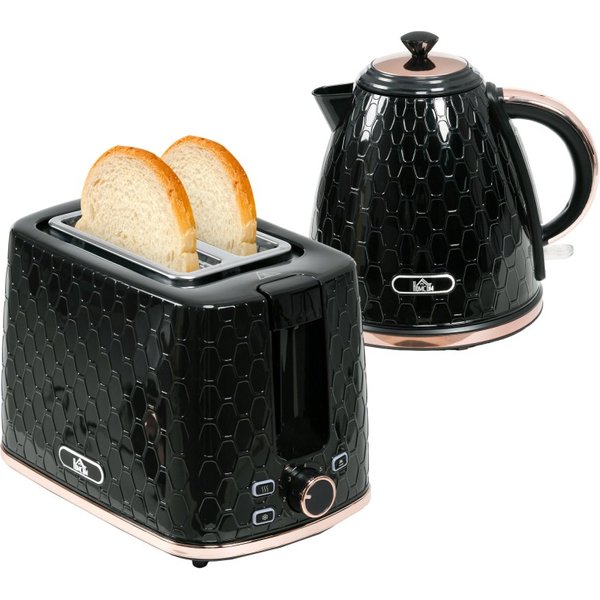 HOMCOM 1.7L 3000W Snelkookketel & 2 Snijbroodrooster set, ketel en broodrooster set met automatische uitschakeling, bruiningsreg