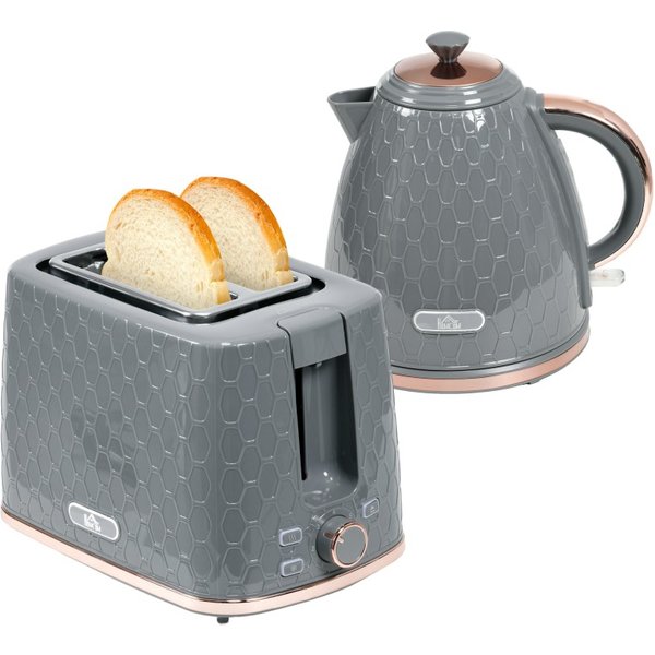 HOMCOM 1.7L 3000W Fast Boil Kettle and 2 Slice Toaster Set, Kettle and Toaster Set with Auto Shut Off, Browning Controls, Grey