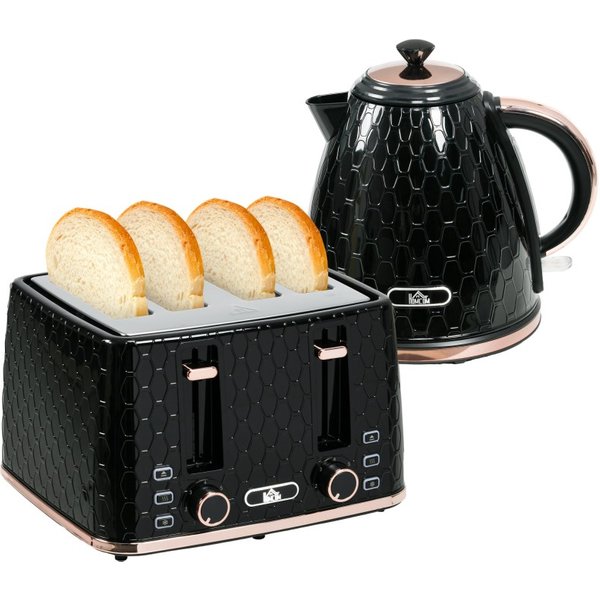 HOMCOM 1.7L 3000W Fast Boil Kettle and 4 Slice Toaster Set, Kettle and Toaster Set with 7 Browning Controls, Crumb Tray, Black