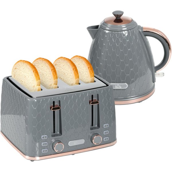 HOMCOM 1.7L 3000W Fast Boil Kettle & 4 Slice Toaster Set, Kettle and Toaster Set with 7 Browning Controls, Crumb Tray, Grey