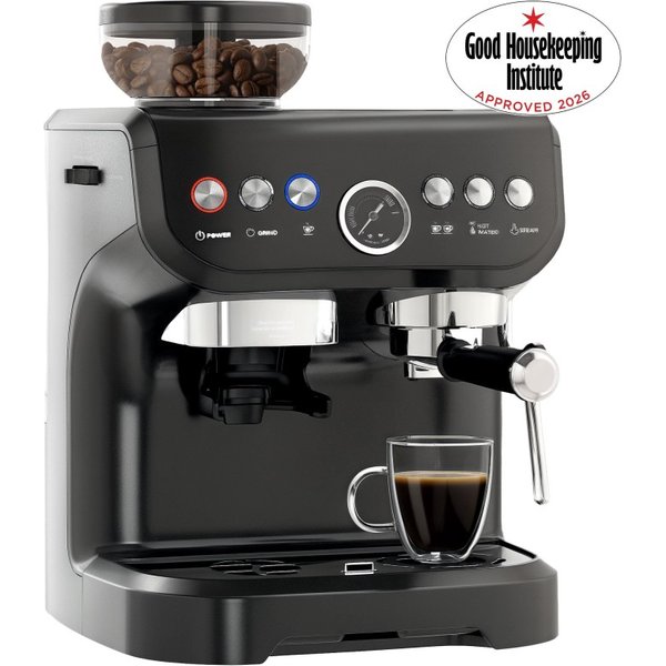 HOMCOM 15 Bar kaffemaskine med justerbar kværn, steam og tilbehør, godkendt af Good Housekeeping Institute, sort
