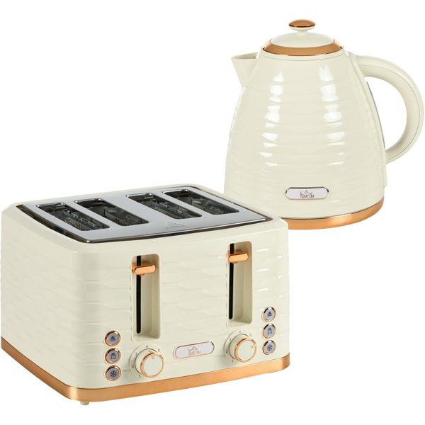 HOMCOM 3000W 1.7L Rapid Boil Kettle & 4 Slice Toaster, Kettle and Toaster Set with 7 Browning Controls and Crumb Tray, Beige