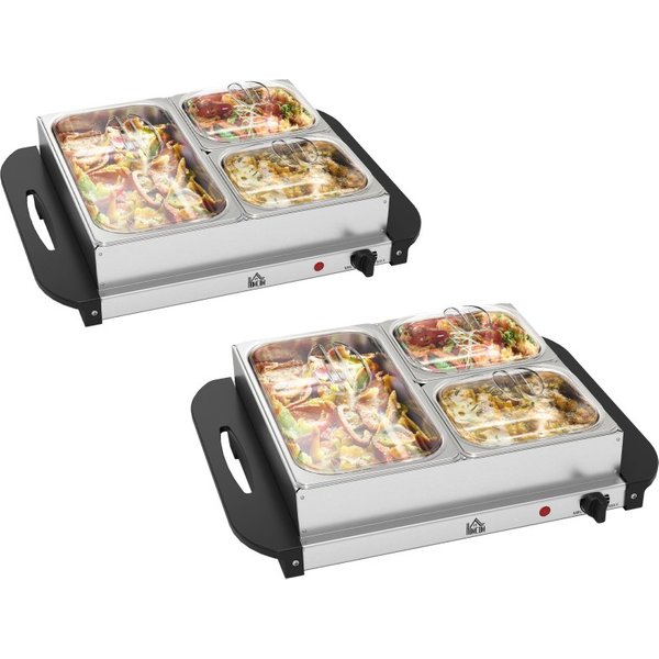 HOMCOM 4.5L Servitore elettrico per buffet in acciaio inossidabile, con 3vassoi e coperchi, set di 2