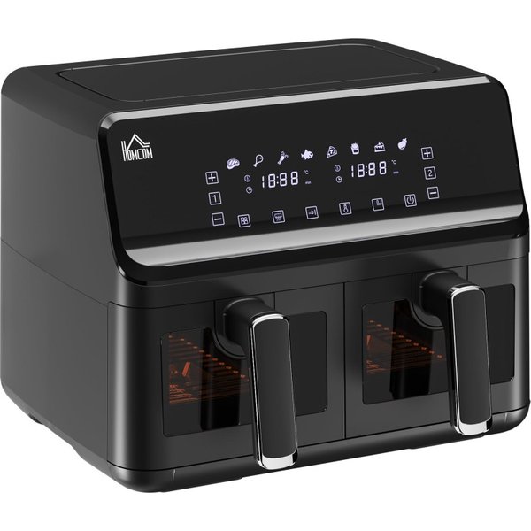 HOMCOM 8L Dubbele mand heteluchtfriteuse, 8-in-1 Heteluchtfriteuse-oven met digitaal display, zichtbaar, timer, voorverwarmen vo