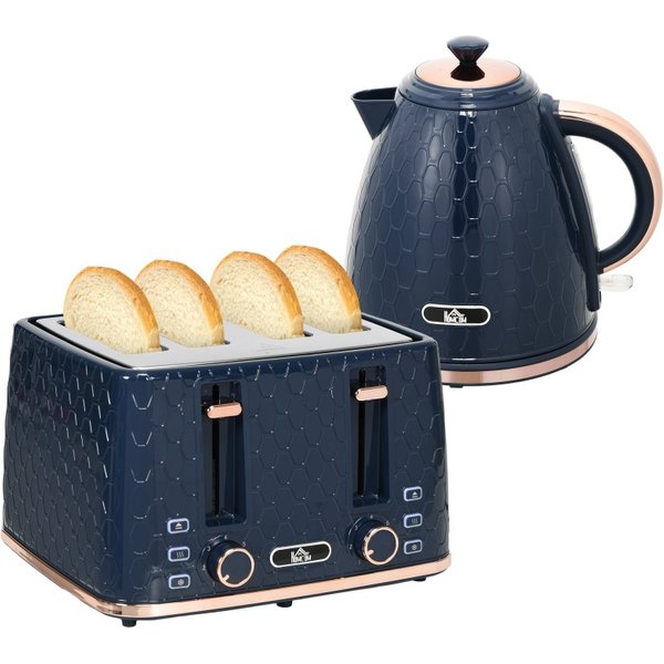 HOMCOM Kettle and Toaster Set, 1.7L 3000W Fast Boil Jug Kettle with Auto Shut Off, 4 Slice Toaster with 7 Level Browning Control