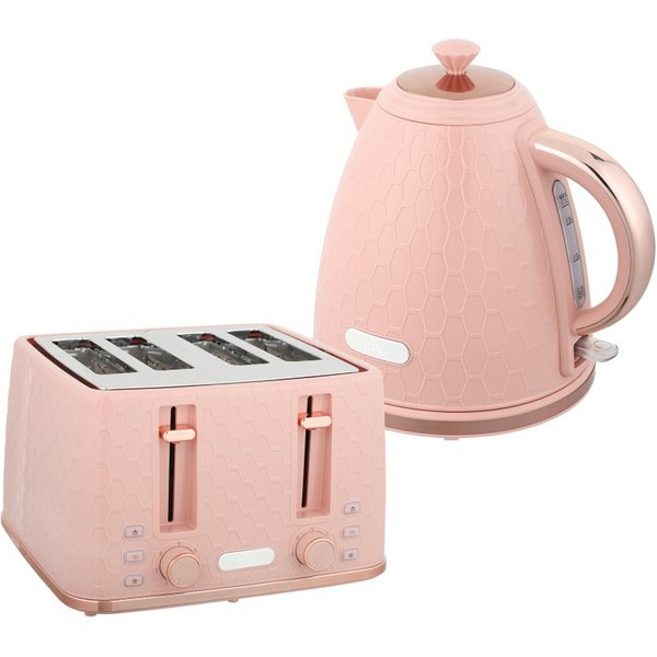 HOMCOM Kettle and Toaster Set, 1.7L 3000W Fast Boil Jug Kettle, 4 Slice Toaster with 7 Level Browning Controls, Light Pink
