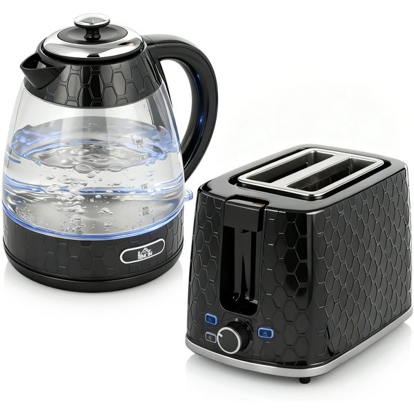 HOMCOM Kettle and Toaster Set, 1.7L 3000W Rapid Kettle with Limescale Filter, 2 Slice Toaster with 7 Browning Controls, Black