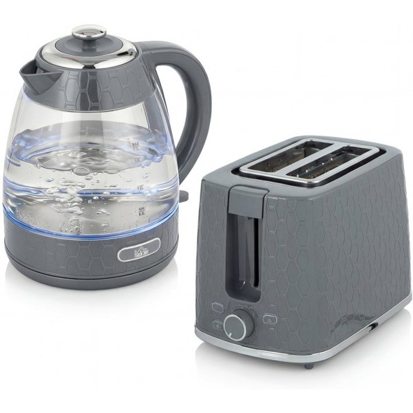 HOMCOM Kedel og Brødrister Sæt, 1.7L 3000W Hurtig Kedel med Kalkfilter, 2 Skive Brødrister med 7 Bruningsniveauer, Grå