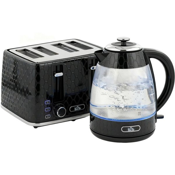 HOMCOM Kettle and Toaster Set, 1.7L 3000W Rapid Kettle with Strix Thermostat, 4 Slice Toaster with 7 Browning Controls, Black