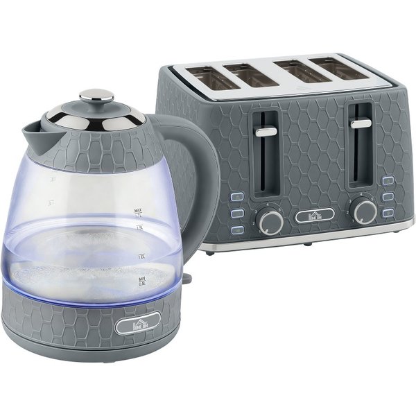 HOMCOM Wasserkocher- und Toaster-Set, 1.7L 3000W Schnellkocher mit Strix-Thermostat, 4 Toaster für 7 Scheiben mit Bräunungsgrade