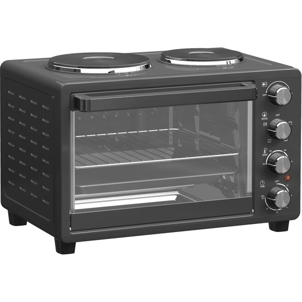 HOMCOM 28L Mini Oven with 2 Hot Plates, Countertop Toaster Oven, Grill, Roast, Bake, Boil, with Timer, Adjustable Temperature, E