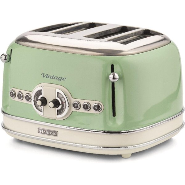Ariete 156 4 Slice Vintage Toaster, 1600 Watts, 6 Toasting Levels, Stainless Steel Painted in Pastel Green,