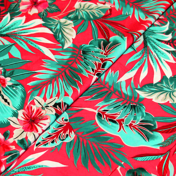 ÉToffe 100% Viscose - Feuillage Tropical Vert Fond Rose-image