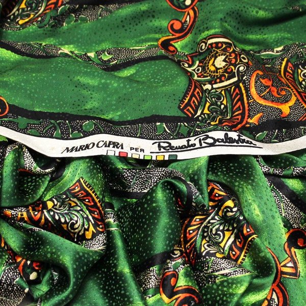 Satin 100% Soie Jacquard - Motif Orange Fond Vert Bande Noir (Coupon De 1.80 MèTres)-image