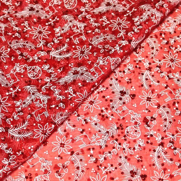 Organza Imprimé NoëL - Cerf & Boule De NoëL Fond Rouge-image