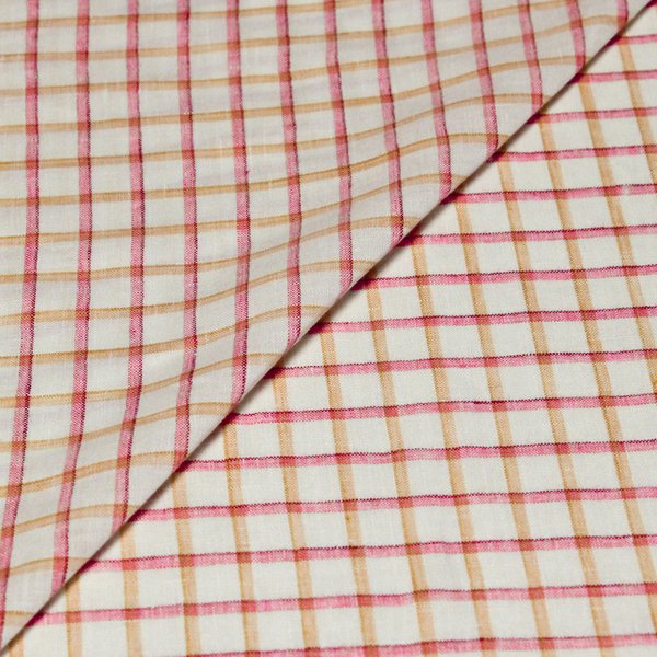 ÉToffe 100 % Lin - Carreaux Rose Et Jaune Fond Blanc-image