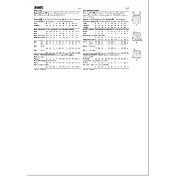 Patron Simplicity 9953.D5 (32-40) - Hauts pour femmes avec encolure élastiquée et options de volants