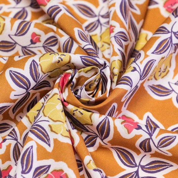 Percale 100% Coton Peigné Luxe - Fleurs Roses & Jaunes Fond Orange BrûLé-image