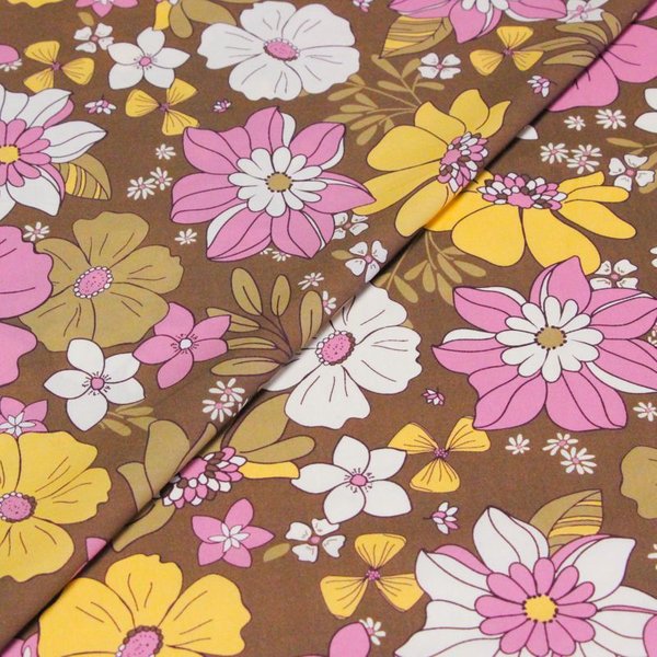 Percale 100% Coton Peigné Luxe - Fleurs RéTro Sur Fond Chocolat-image