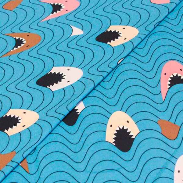 Jersey Coton Peigné & éLasthanne - Requins Fond Bleu-image