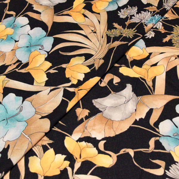 Voile 100% coton – Fleurs jaunes bleues fond noir