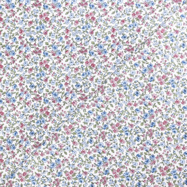 Cretonne 100% coton - Petites fleurs bleu & rose sur fond blanc