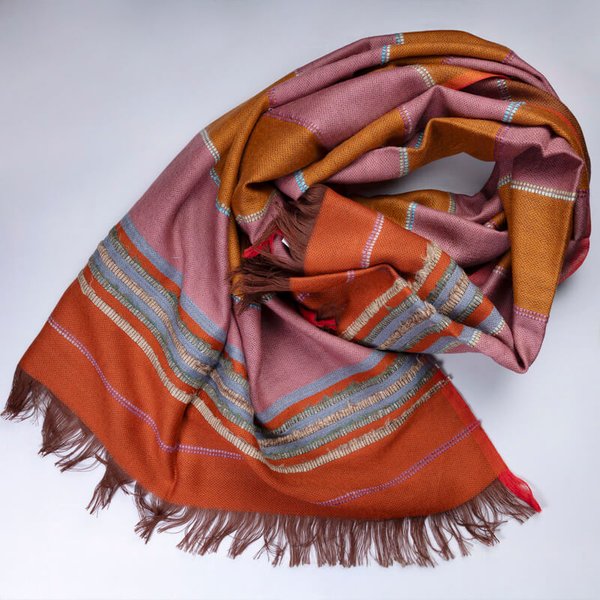 Étole 100% laine – Rayures terracotta et vieux rose
