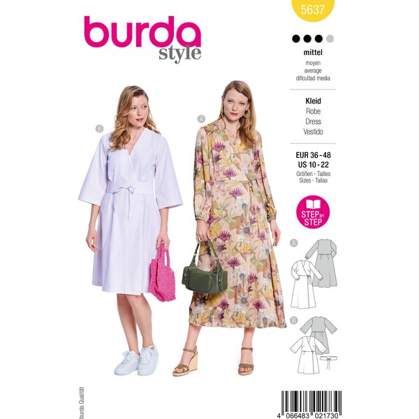 Patron Burda 5637 - Robe femme élégante à variations d’encolures et de manches