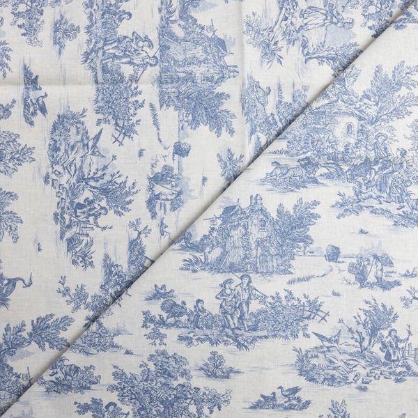 Tissu 100% coton Toile de Jouy - Bleu