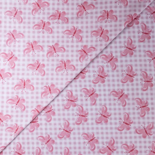 Jersey 100% Coton – Papillons Sur Vichy Rose-image